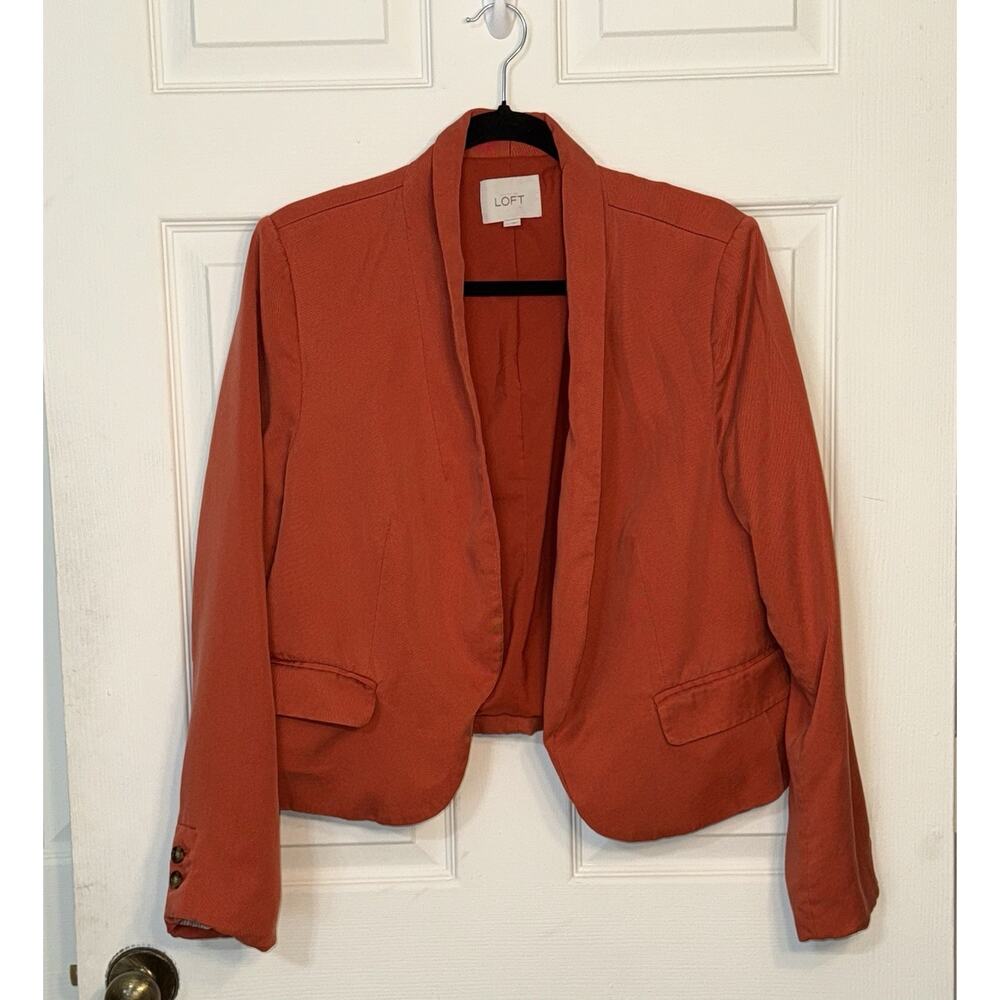Ann Taylor Loft Open Front Women's Orange Blazer Jacket Faux Pockets Size 14